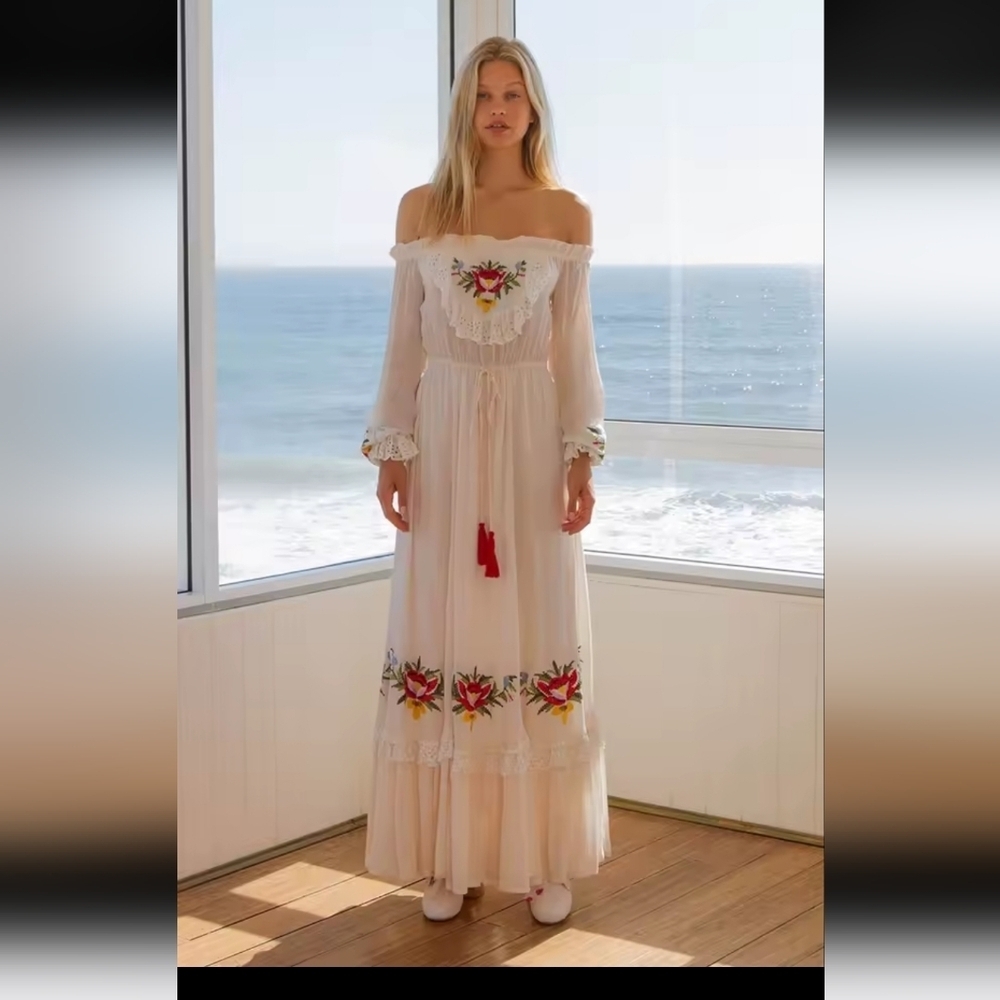 Bohemian Off-Shoulder Embroidered Cream Dress - Picture 13 of 15